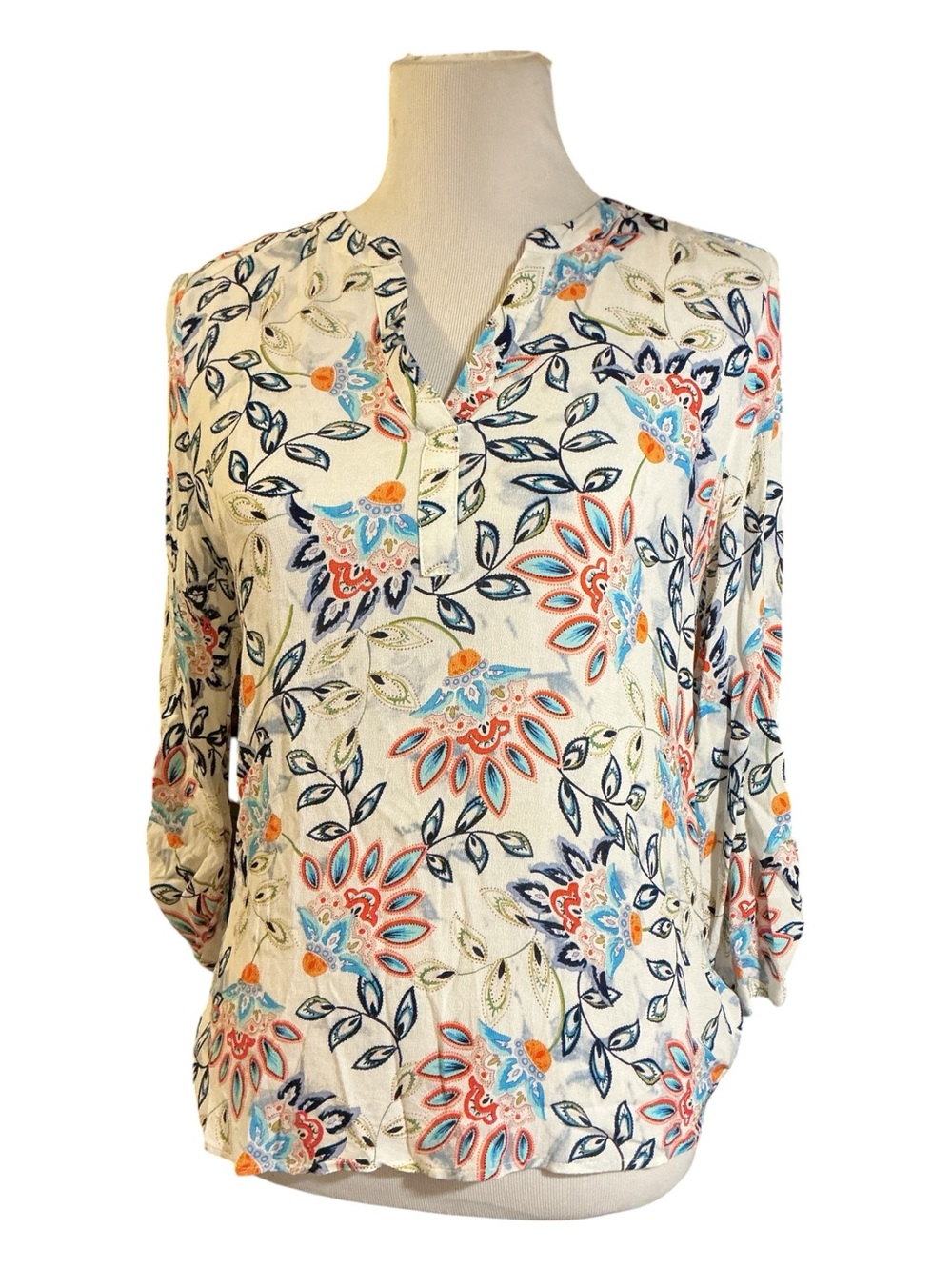 Daniel Rainn Cream Floral Henley Tunic with Coral & Navy Detail